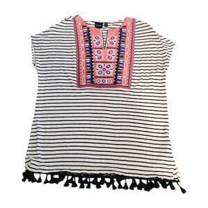Rafaella Women Linen Blend Striped Embroided Boho Aztec Fringe Top SZ Med Petite
